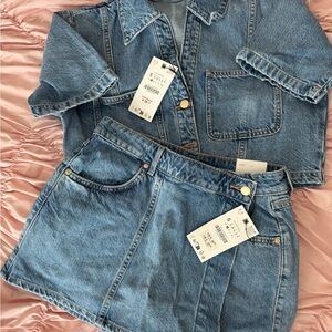 Zara Light Blue Denim Jacket and Mini Skirt Set